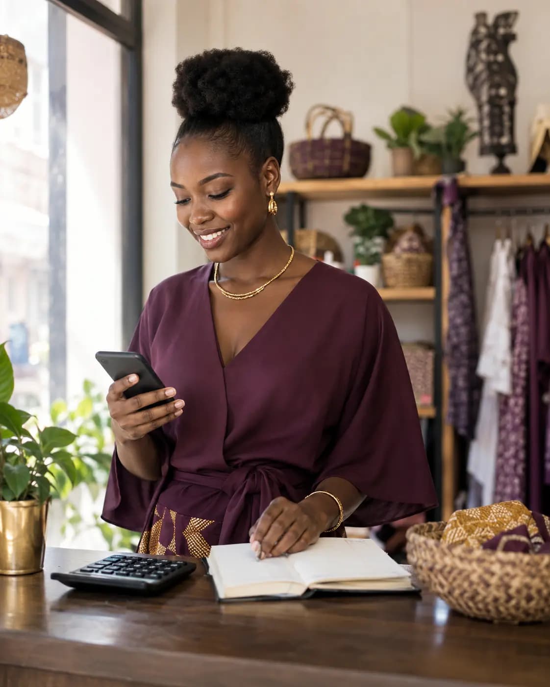 Entrepreneure utilisant son téléphone pour organiser son budget